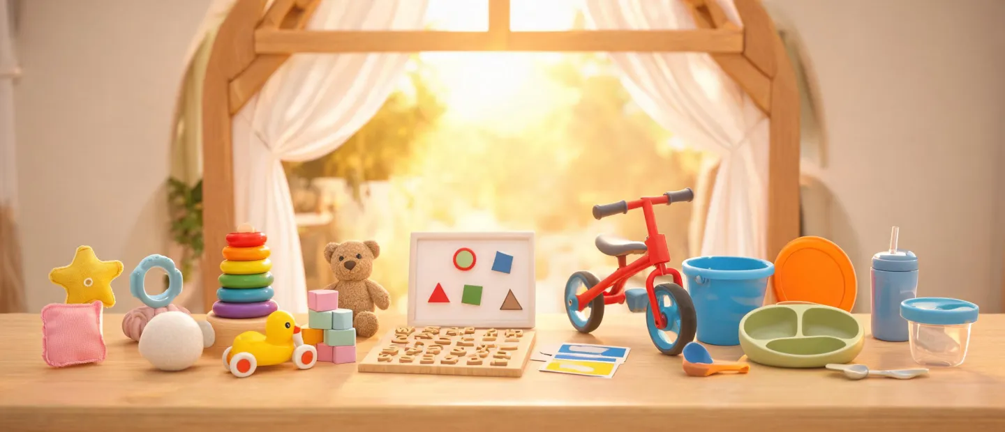 Sassy age gateway with baby toys arranged from newborn to preschool