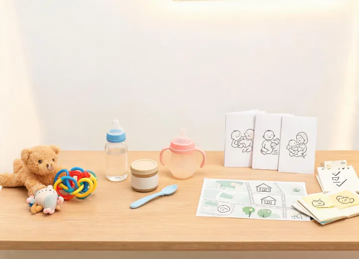 Sassy contact desk with baby toys map and family support notes