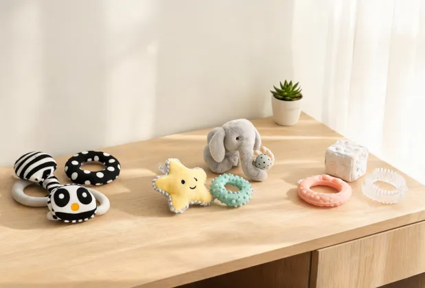 Soft sensory rattles and teethers arranged by baby development stage