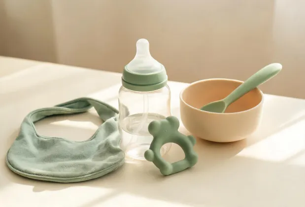 Food grade baby feeding care bottles teethers and soft bibs