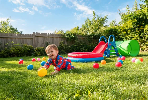 Toddler outdoor play set with soft balls and inflatable activity pieces