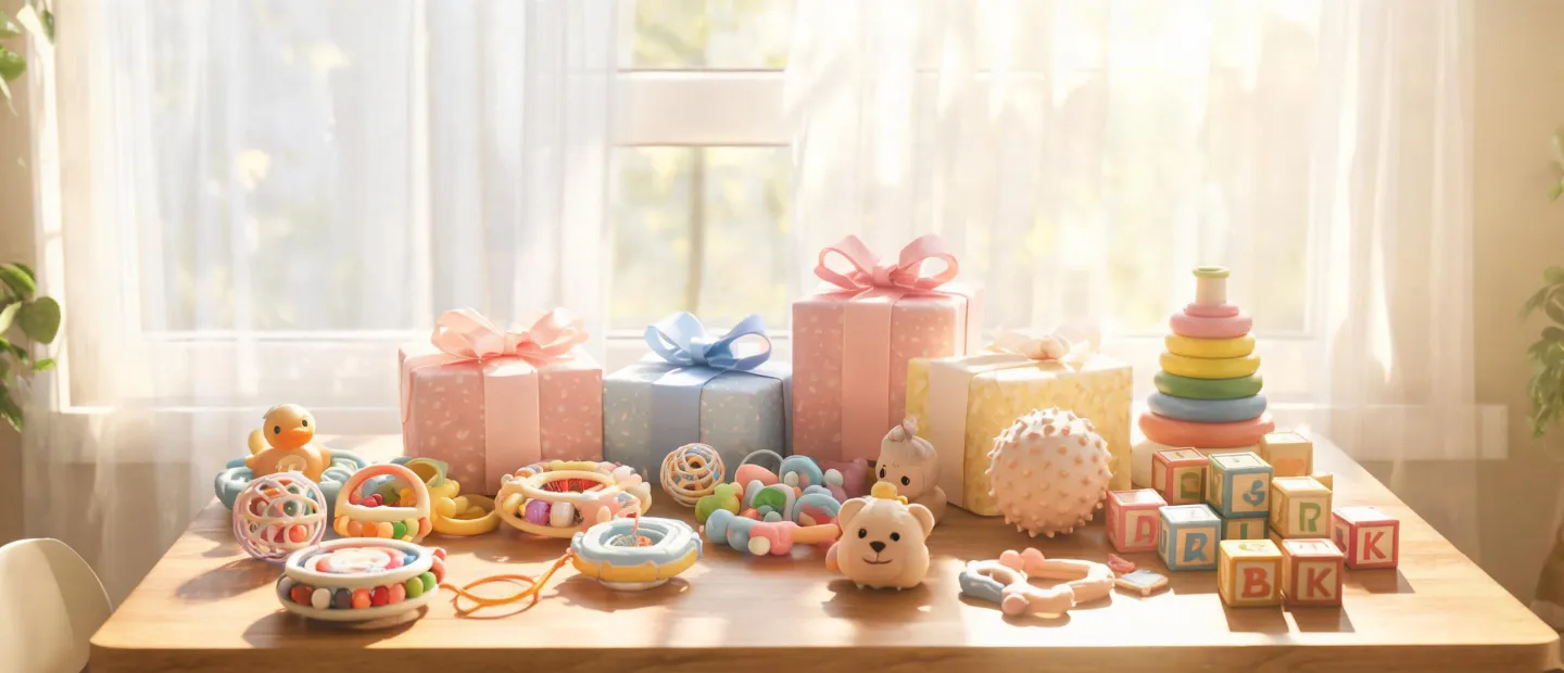 Gift table with Sassy toys for newborn toddler preschool and baby shower occasions