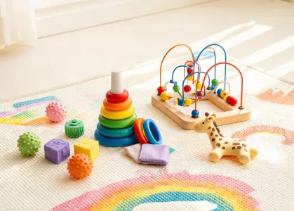 Toddler play setup with stacking toys and bead chase