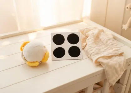Newborn sensory toy setup with soft rattle and high contrast card