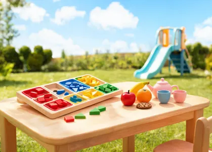 Preschool learning toy scene with color sorting and outdoor play cue